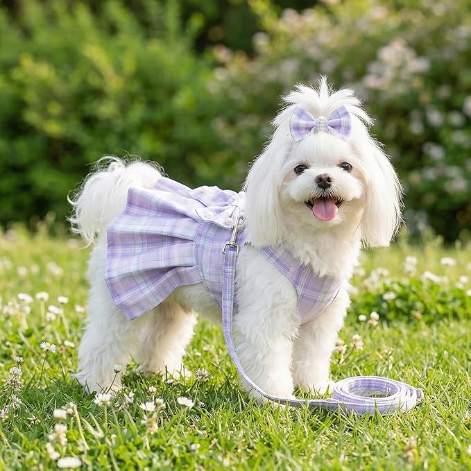 Cute Plaid Dog Dress Clothes for Small Dogs Cats Girl Purple Plaid Dog Dress - Image 3