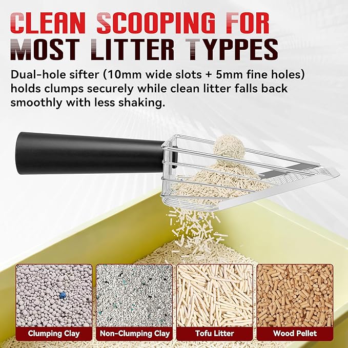 Metal Cat Litter Scoop with Holder, Heavy Duty Deep Sifter with Dual-Hole - Image 4