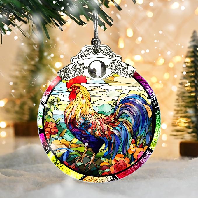 Jocidea Glass Chicken Christmas Ornament, Semi Transparent Stained Glass - Image 5