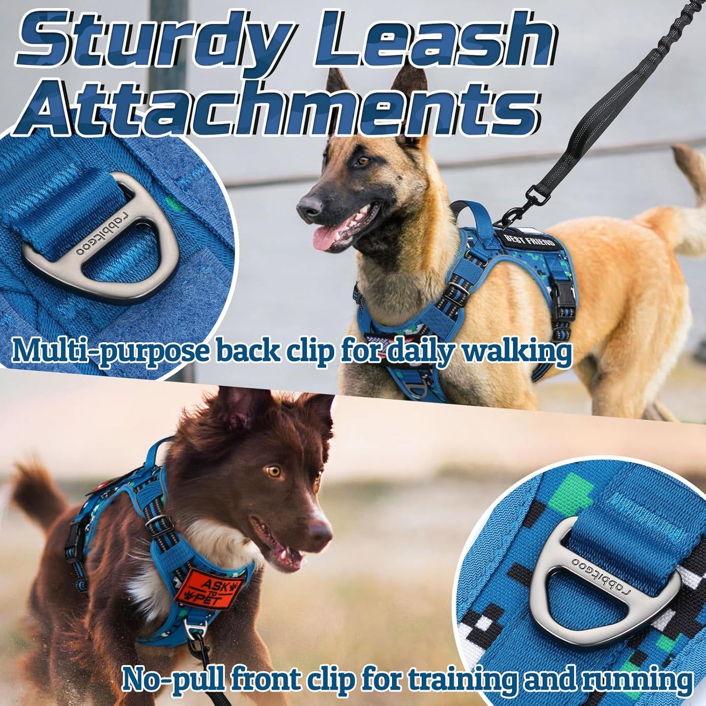 rabbitgoo Tactical Dog Harness for Large Dogs, No Pull Military Service Vest with Handle & Molle, Easy Control for Training Walking, Adjustable Reflective Straps, Blue Camo, L
