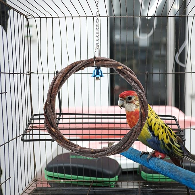 Wood Bird Swing 2pcs with Bell and Woven Ring Natural Wood Hanging - Image 7