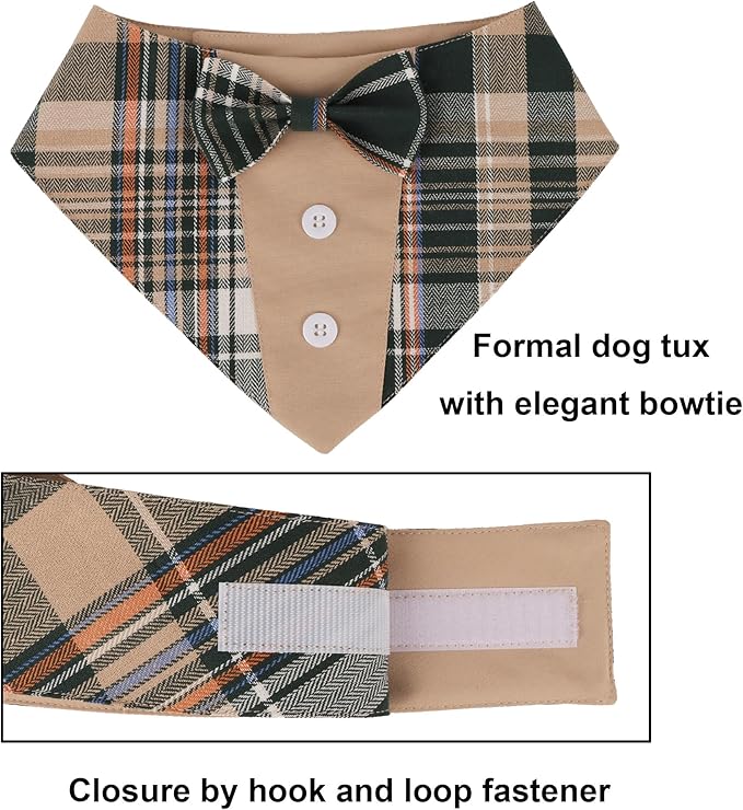 ADOGGYGO Brown Dog Tuxedo, Plaid Pet Bowtie Collar, Adjustable Brown Plaid - Image 5