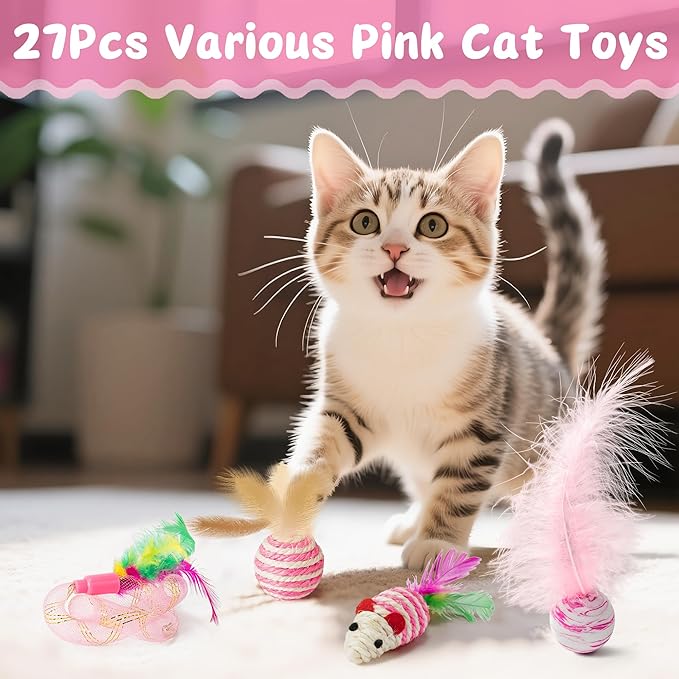 MALLMALL6 Cat Toy Set Interactive Cat Toys 27Pcs Pack Stuff Pink Feather Teaser - Image 6