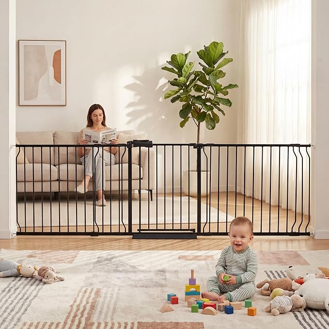 Extra Wide Baby Dog Gates for Doorways Tension Indoor Safety Gates Black Metal by COSENDBABYGATE