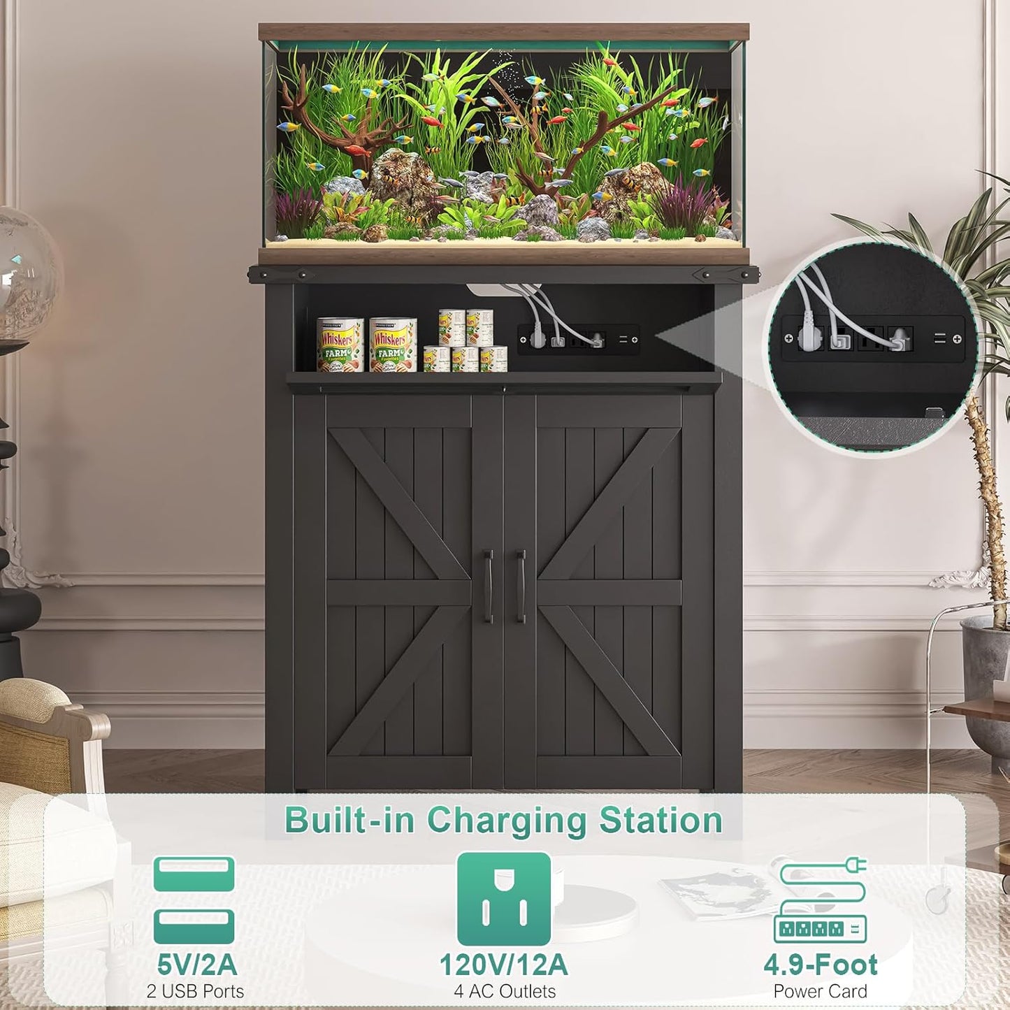 20 Gallon Aquarium Stand With Charging Station, Farmhouse Fish Tank Stand, Reptile Tank Stand Terrarium Stand with Drawer and Cabinet Storage, Sturdy Heavy Duty 27.6"×15.7" Tabletop - Black