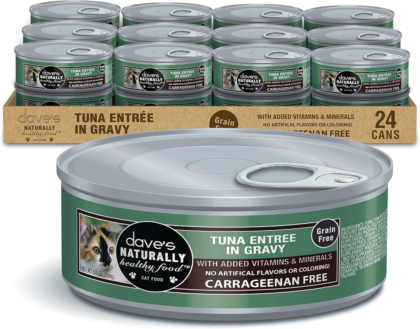 Dave's Pet Food Grain Free Wet Cat Food (Tuna Entree in Gravy), Naturally Healthy Canned, Added Vitamins & Minerals, 5.5 oz Cans (24 Pack)