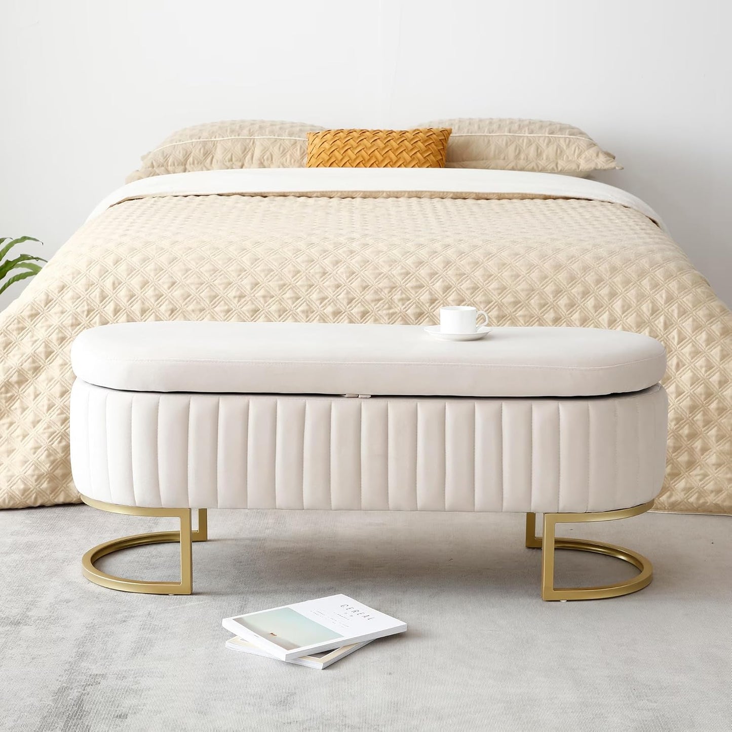50" Sherpa Storage Ottoman Bench – Velvet Upholstered Bedroom Bench with Golden Metal Legs, Lift-Top Hidden Storage, Modern Footrest for Living Room, Entryway, Bed End (Beige)