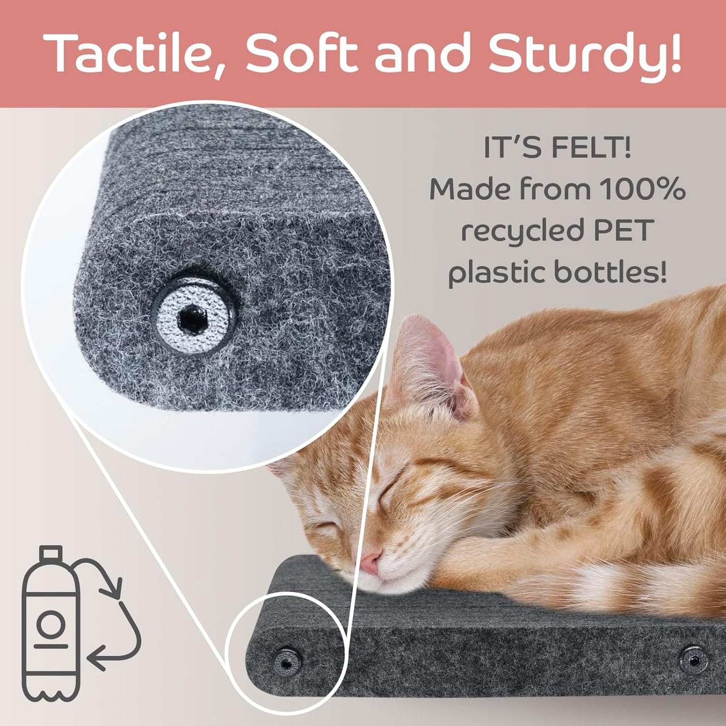 Wall Mounted Cat Steps Short Shelves (2) by Pryde Pets - Stairs for Walkways, 100% Sustainable PET Felt Feline Enrichment Climber Furniture for Indoor Cats, Modern Climbing Gym Design (Charcoal)