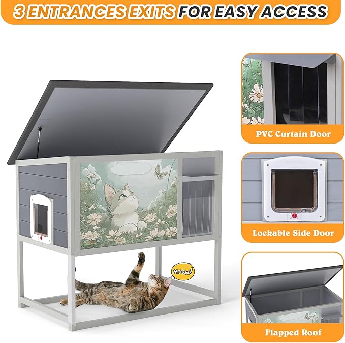 Outdoor Cat House with Heating Pad, Heated Raised Wood Cat Enclosure with - Image 5
