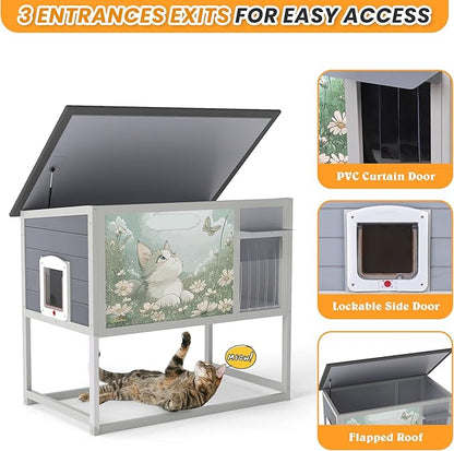 Outdoor Cat House with Heating Pad, Heated Raised Wood Cat Enclosure with - Image 5