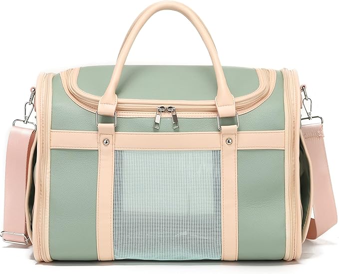 Luxury Mint Green PU Leather Pet Carrier Bag, Airline Compliant Portable Travel - Image 3