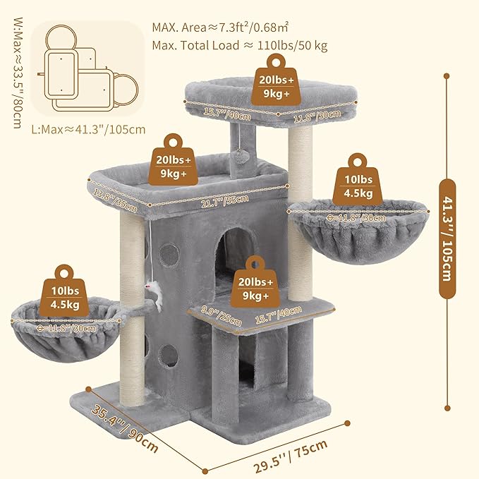 Heybly Cat Tree with Reinforced Big Base, 41.3-Inch Sturdy Cat Tower - Image 5
