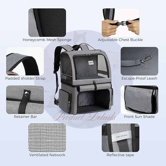 Double Cat Backpack Carrier for 2 Cats, Double-Compartment Pet Carrier Backpack - Image 7