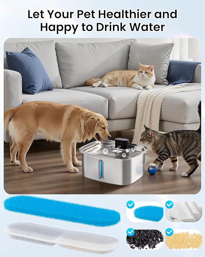 10L Pet Water Fountain Filters, Stainless Steel Dog Cat Dispenser - Image 3