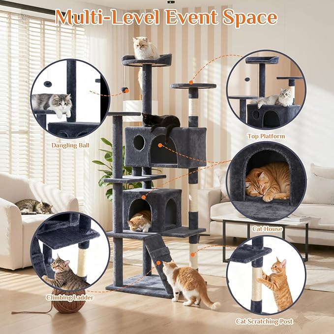 DUMOS 62-inch Indoor Cat Tree Tower –Multi-Level Pet House - Image 3