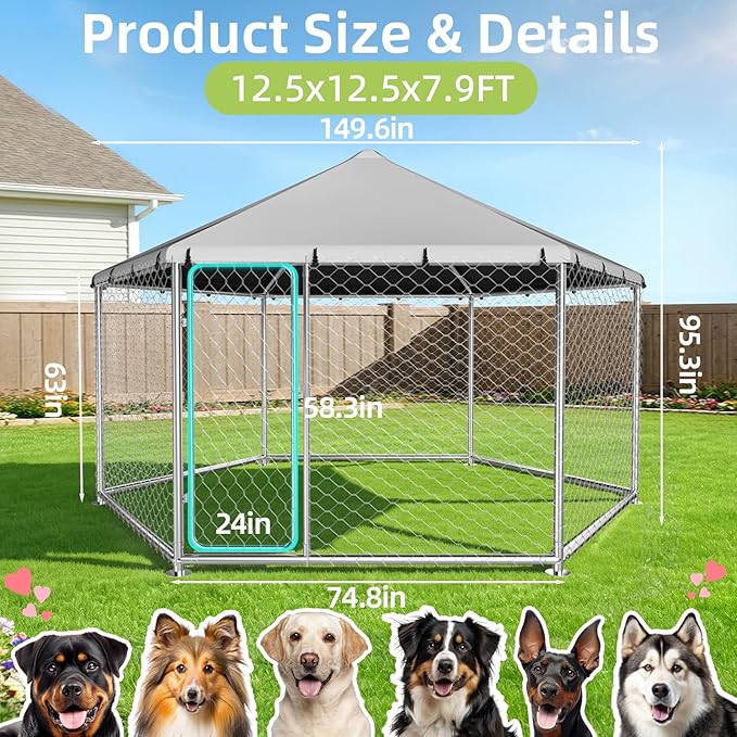 12.5x12.5 FT Heavy Duty Large Outdoor Dog Kennel Outside, Galvanized Steel - Image 4
