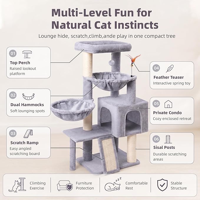 Cat Tree with Cat Condo and Two Hammocks, Cat Tree with Scratching Posts and - Image 6