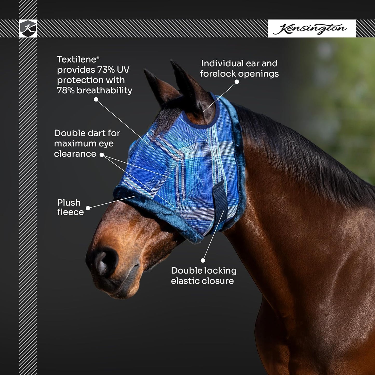 Kensington UV Fly Mask with Fleece Trim - Protective Mask with Dual Ear Opening & Forelock Freedom - Large, Imperial Jade