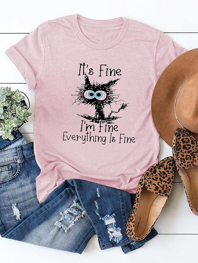 Funny Cat T Shirts for Women Everything is Fine Graphic Tees Casual Short - Image 4