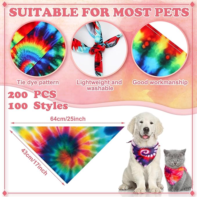 Huhumy 200 Pcs Tie Dye Dog Bandanas Bulk Pet Bibs Colorful Triangle Scarf Tie - Image 2