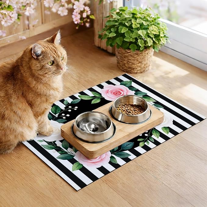HOMETITUTE Pet Feeding Mat Black White Stripe Pattern 20" x 12", Welcome Sign - Image 5