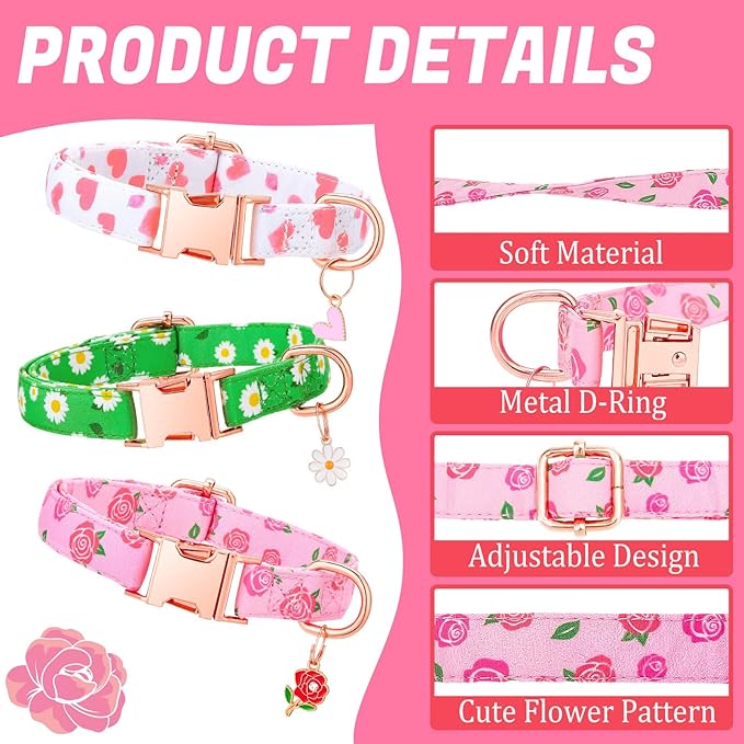 3 Pack Floral Dog Collars for Small Dogs Pink Dog Collar - Image 3
