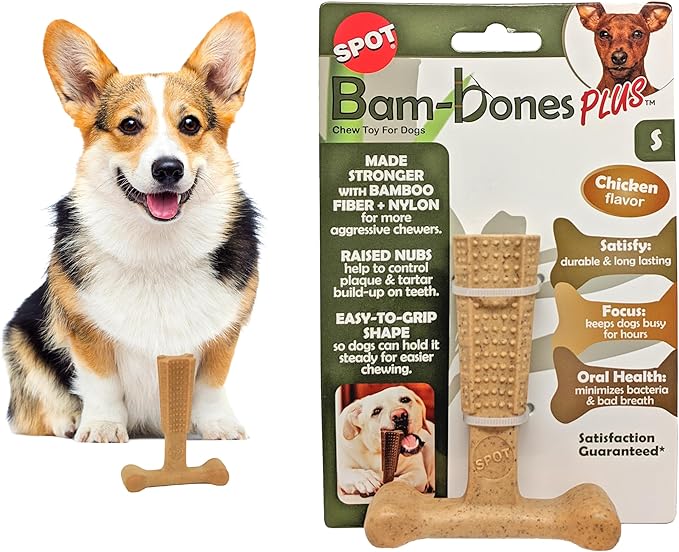 SPOT Bam-Bones Plus T-Bone, Bamboo Fiber & Nylon Dog Chew, Durable by SPOT
