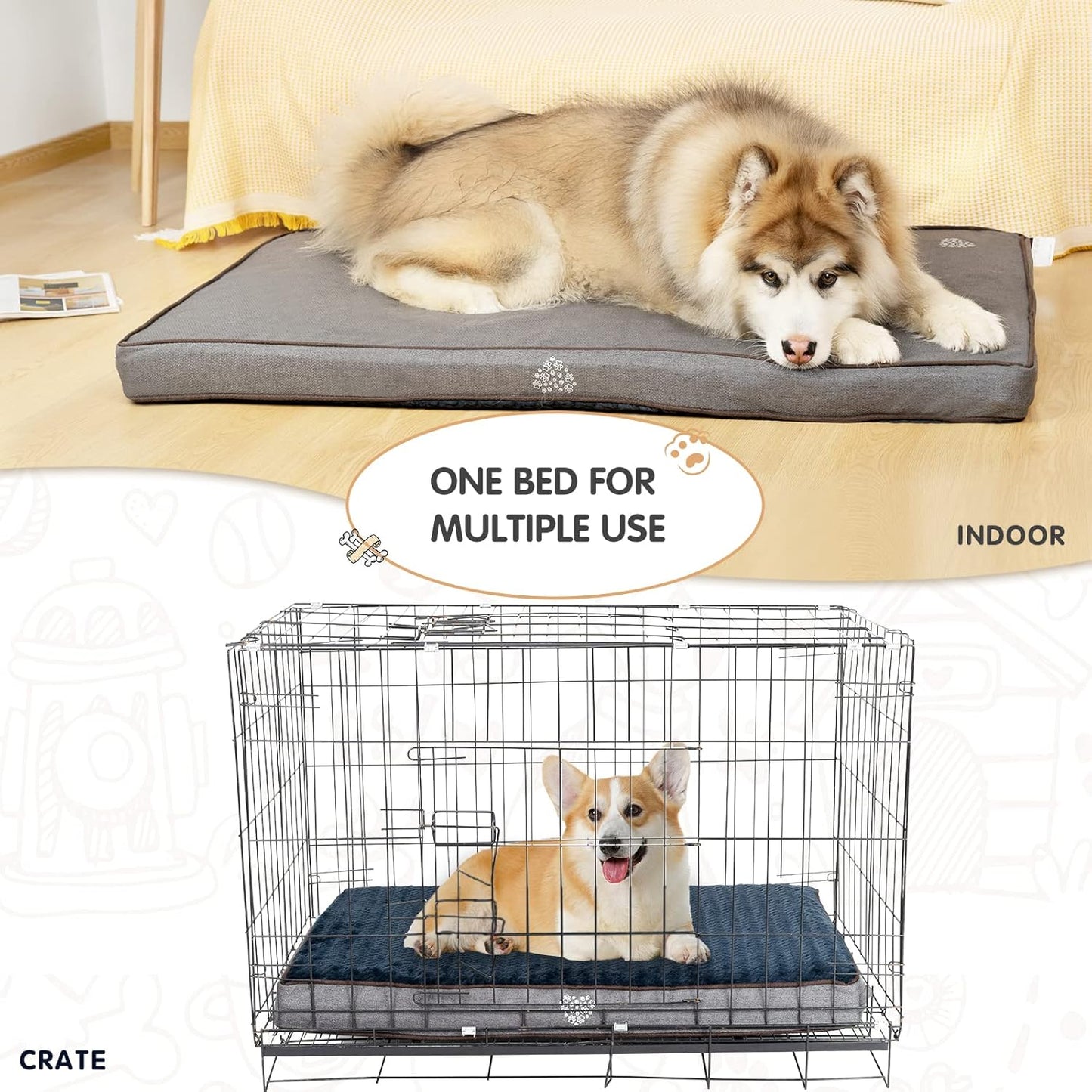 VANKEAN Dog Bed Soft Crate Pad Mat Reversible Cool & Warm, Washable Comfy Kennel Pad with Orthopedic Egg-Crate Foam for Small Medium Large Dogs, Water-Resistant Pet Bed, Gray/Dark Blue