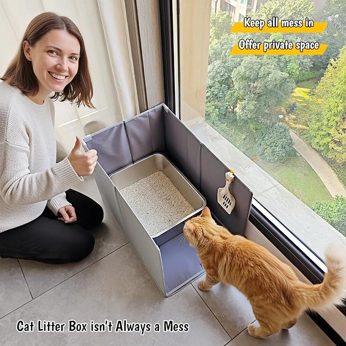 Extra Large Cat Litter Box Enclosure, Open Top High Sided Splash Guard - Image 5