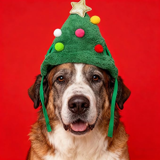 Christmas Tree Headwear Hat for Pet Decorations Star Pompoms Christmas Dog - Image 4