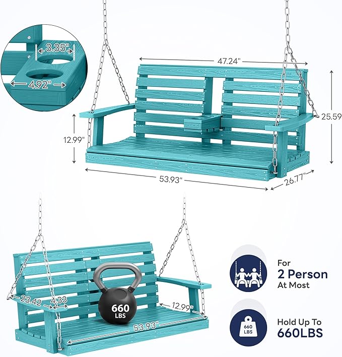 KINGYES Outdoor Hanging Porch Swing Set of 2, 2 Seat Patio Swing Recliner - Image 3