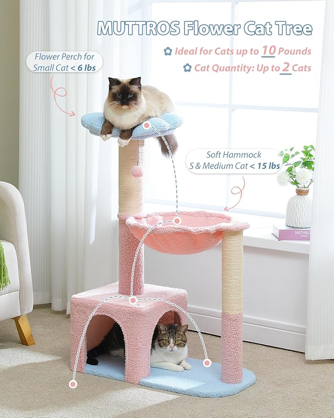 MUTTROS Flower Cat Tree with Large Metal Frame Hammock, Cat Condo with Blue Top - Image 2