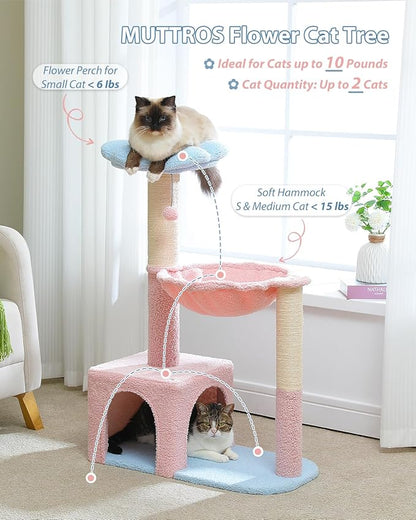 MUTTROS Flower Cat Tree with Large Metal Frame Hammock, Cat Condo with Blue Top - Image 2