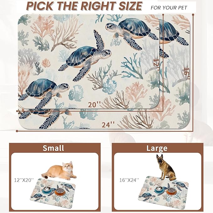 Turtle Dog Cat Food Mat, Coral Absorbent Pet Feeding Mat - Image 2