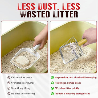 Metal Cat Litter Scoop with Holder, Heavy Duty Deep Sifter with Dual-Hole - Image 3
