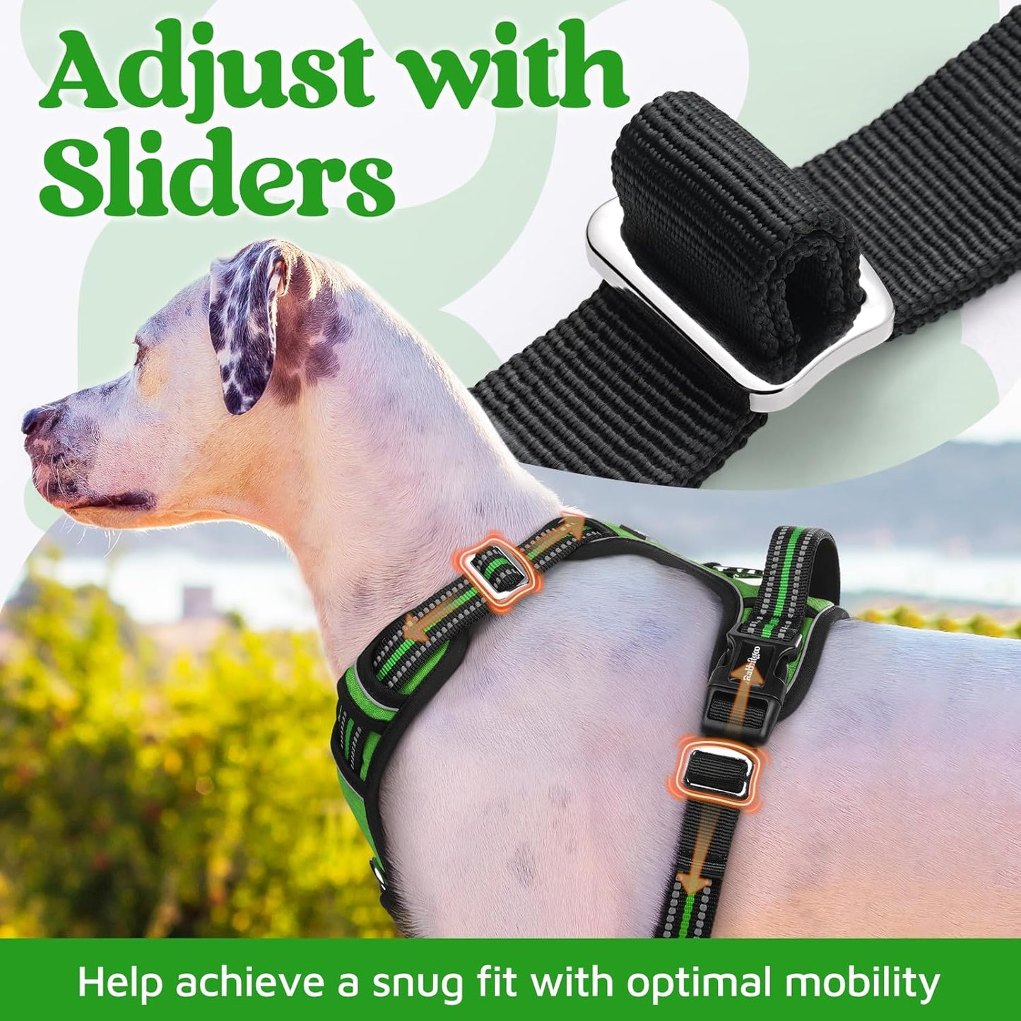 rabbitgoo Dog Harness Medium Sized, No Pull Dog Vest with 3 Buckles, Adjustable Soft Padded Pet Harness with Easy Control Handle and Reflective Strips, Green, M