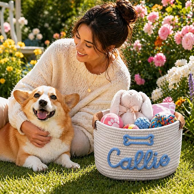 JUPPE Pet Dog Basket with Personalized Name, Dog Toys Storage Organizer Custom - Image 3