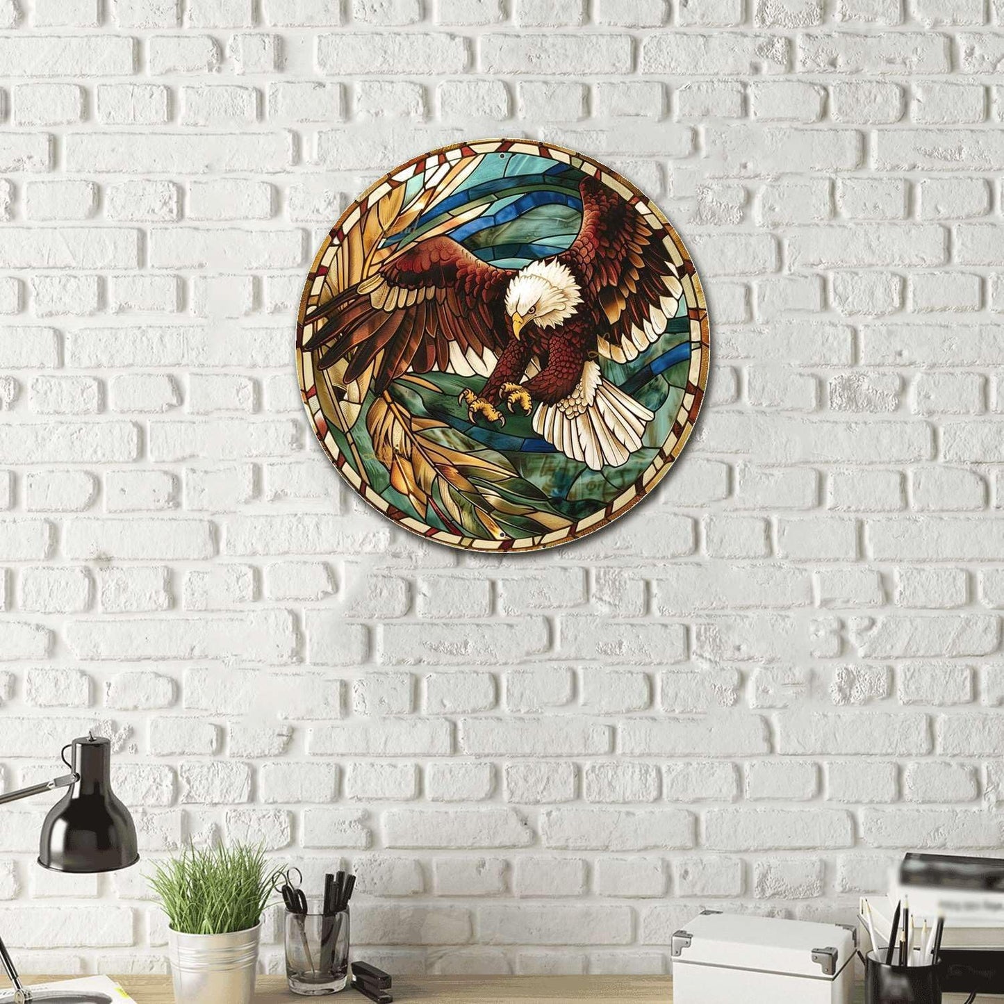 Lygond Metal Sign Tin Sign Circular Stained Glass Eagle Signs For Garden For Pet 8×8 Inches