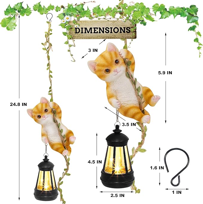 Solar Hanging Cat Statue, Outdoor Resin Orange Cat Figurine - Image 2