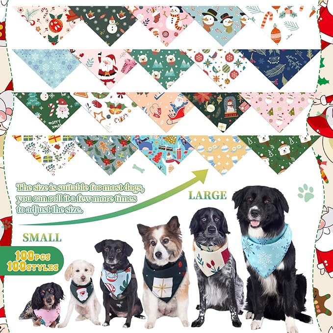 Huhumy 100 Pcs Christmas Dog Bandanas Bulk Pet Bibs Colorful Triangle Scarf - Image 2