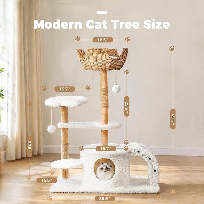 Easyego Modern Cat Tree, 45.6" Aesthetic Wood Cat Tree Tower - Image 7