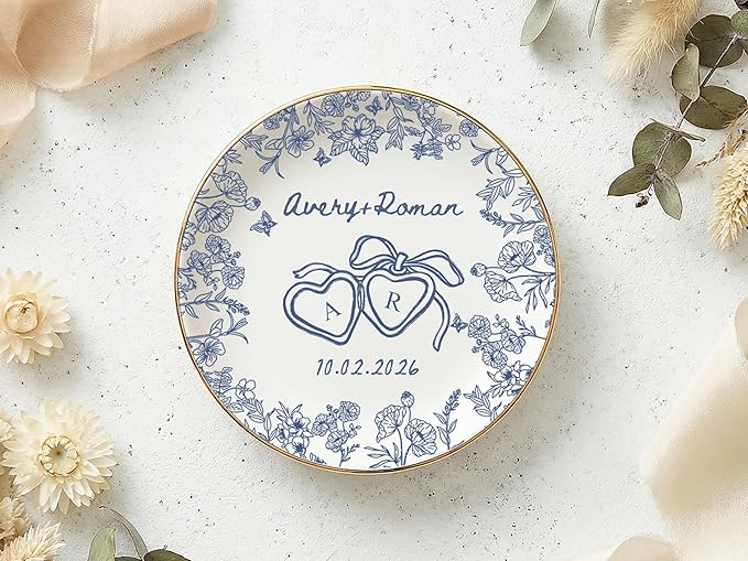 LOVELYPOD Personalized Floral Engagement Trinket Tray, Custom Couple Name - Image 5