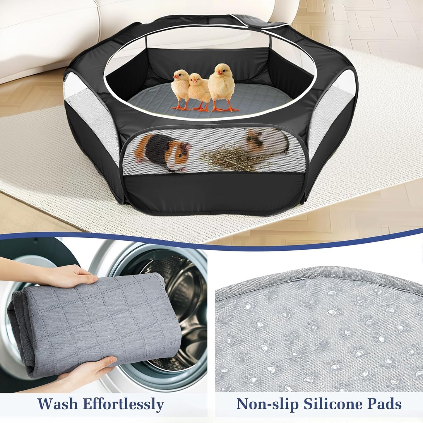 2-in-1 Small Animals Playpen with Pad, Waterproof Small Pet Cage Tent with Reusable Pad, Portable Outdoor Yard Fence with 3 Metal Rod for Chick/Kitten/Puppy/Guinea Pig/Rabbits/Chinchillas, Black