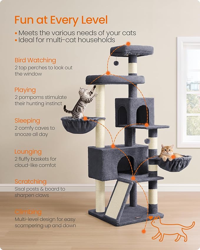 Feandrea Cat Tree, 68.5-Inch Tall Cat Tower, Scratching Posts, Double Caves - Image 4