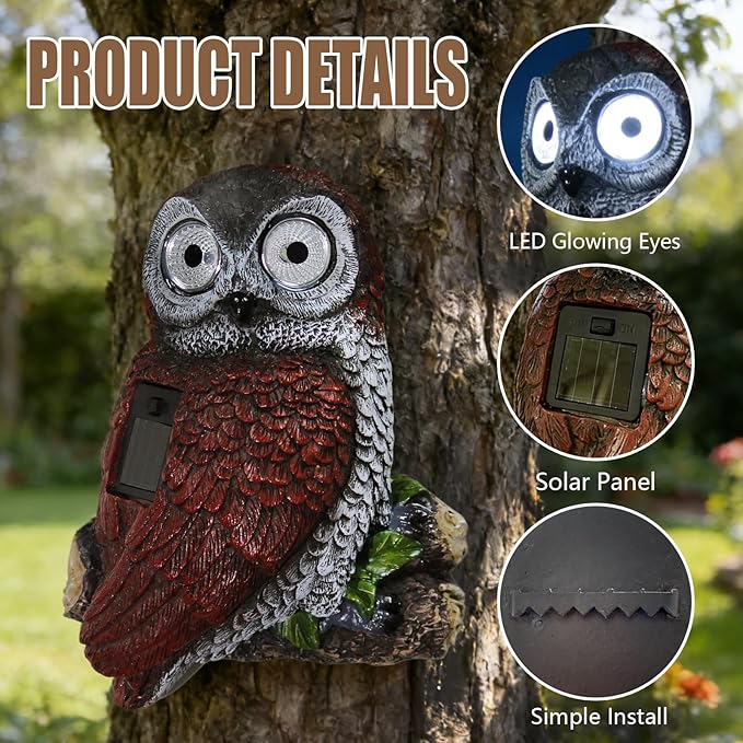 Sheaifun Owl Garden Statue Owl Solar Lights Outdoor Garden Resin Yard Outdoor - Image 2