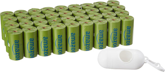 Amazon Basics Dog Poop Bags with Dispenser, 540 Count, Enhanced for Guaranteed Leakproof, Talcum Powder Scented, Includes Leash Clip