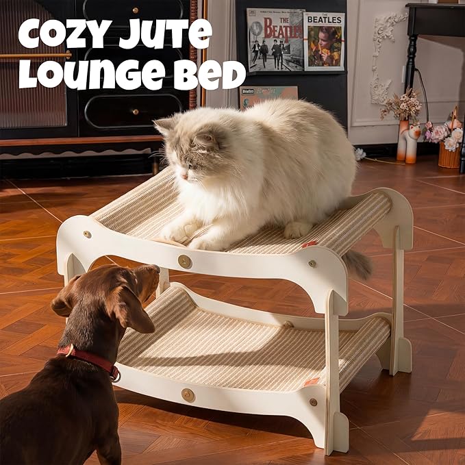 Cat Lounger, 2-Tier Wood Bed & Scratcher, Double Layer Cat Hammock Bunk Bed - Image 4