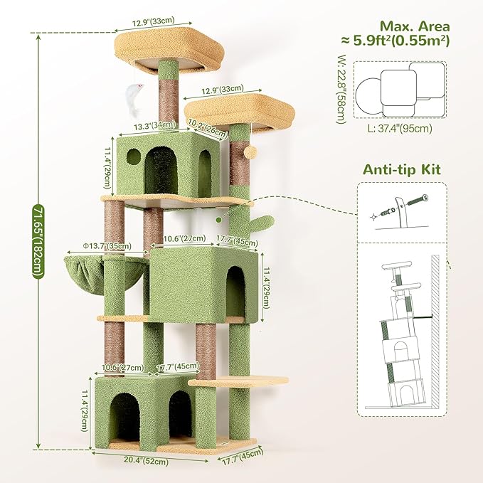 Globlazer Cactus Cat Tree Tall, 71 inches Cat Tower - Image 6