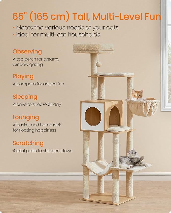 Feandrea Cat Tree, 65-Inch Tall Cat Tower, Scratching Posts, Almond Yellow - Image 3