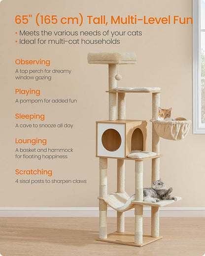 Feandrea Cat Tree, 65-Inch Tall Cat Tower, Scratching Posts, Almond Yellow - Image 3